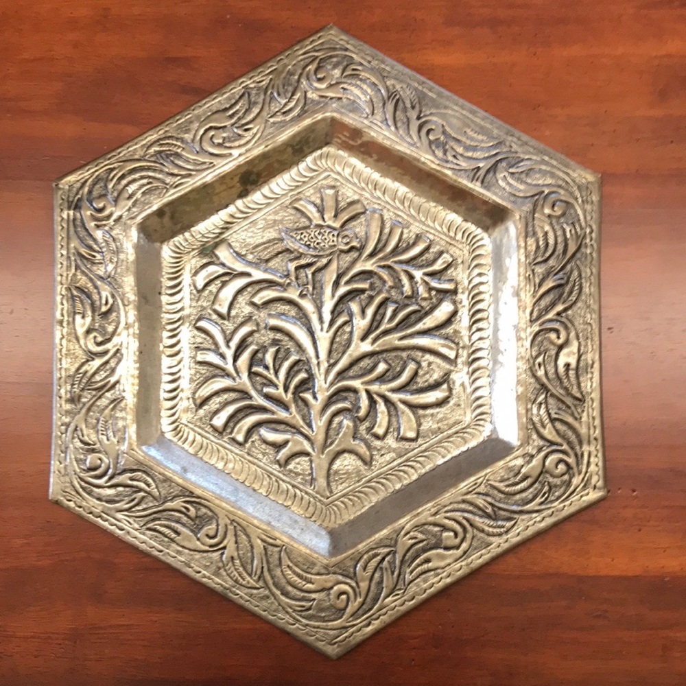 VINTAGE Repousse Silver Hexagonal Tray Charger Art Nouveau